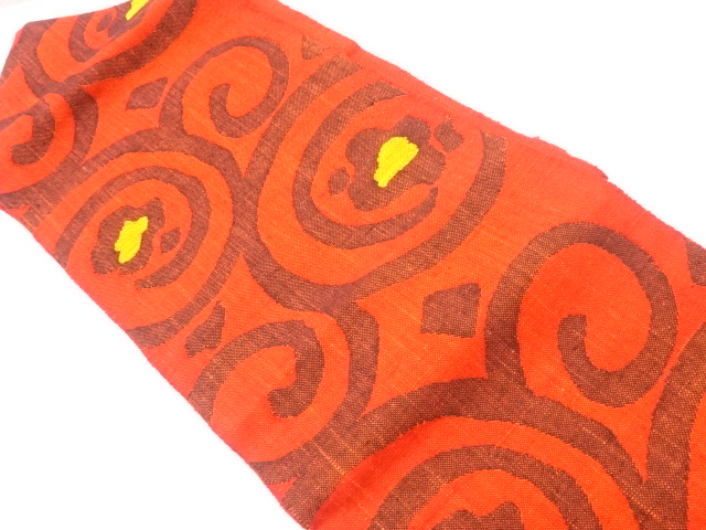 リサイクル　手織り真綿紬抽象花唐草模様織出し名古屋帯